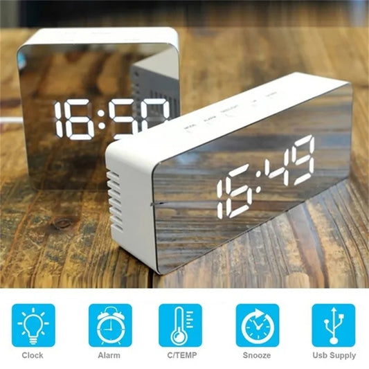 Digital Alarm Clock with Dimmer Temperature Function for Bedroom Office Travel Battery & USB Powered LED Mirror Alarm Clock